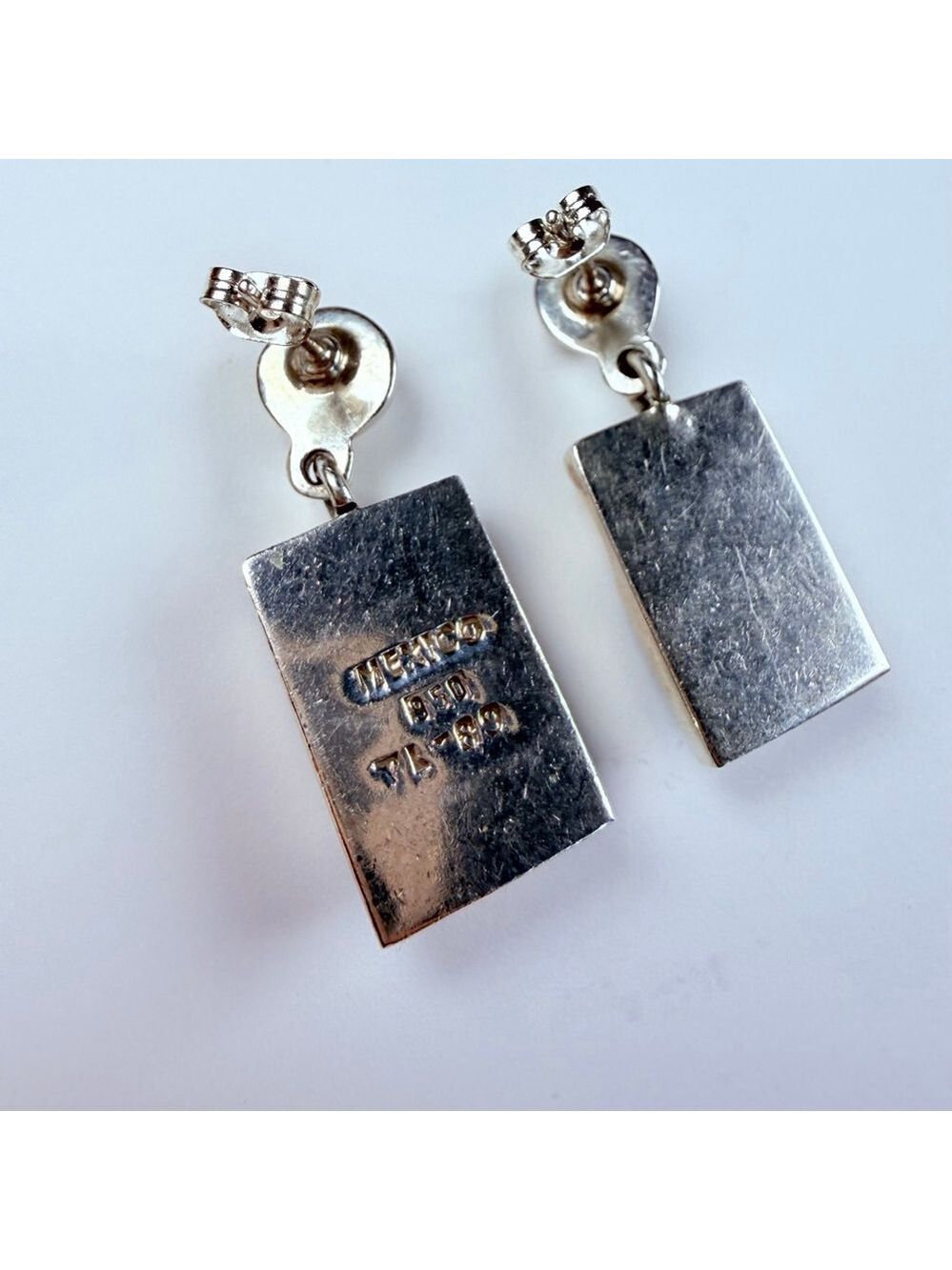 Modernist Taxco Black Jet Onyx Sterling Silver 950 VTG Rectangle Earrings Mexico - Picture 4 of 5